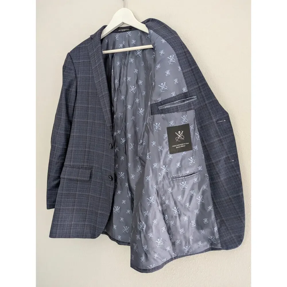 John Varvatos Men's Bleecker Check Wool Blend Blue Plaid 2-Button Sport Coat 40L